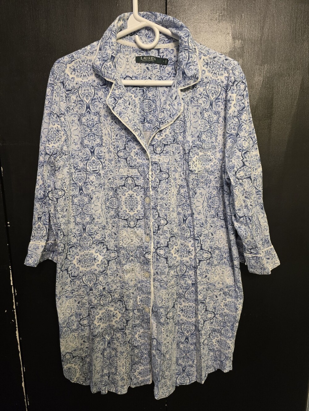 Lauren Ralph Lauren Blue and White Jersey Cotton Button-Up Nightgown Size L